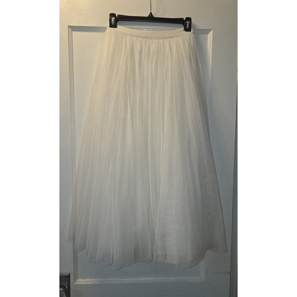 Women's White Tulle Layered Lined A-Line Midi Skirt Pull On Elastic Waist S